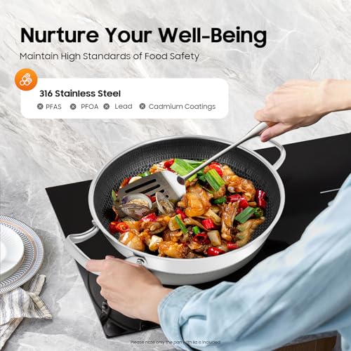 LKSNBDR 13 Inch Non Stick Frying Pans, Stainless Steel Pan With Cooking Lid, Large Cooking Fry Pans Induction Cooking Pan with Handles on Both Sides, Dishwasher and Oven Safe, Anti Scratch