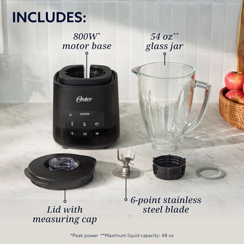 Oster Vortex Glass Blender, Reversible Steel Blades, 800 Watt, Black