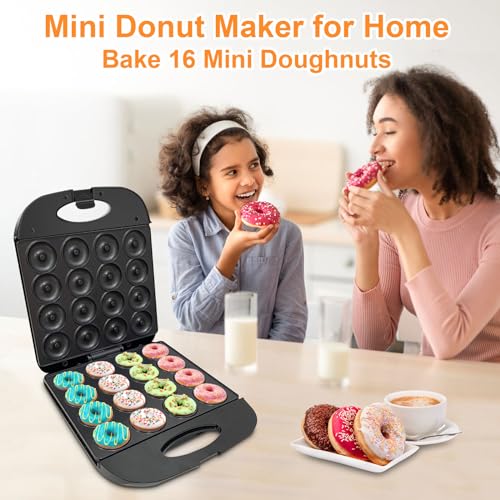 2026 Mini Donut Maker Machine for Home, Kid-Friendly 16-Hole Electric Doughnut and Pancake Maker with Non-Stick Surface, Ideal for Homemade Doughnuts (Black with Mini Oven Gloves & Brush)