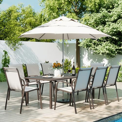 HAPPATIO Outdoor Patio Dining Set, 8 Quick Dry Textilene Dining Chairs and Dining Table with Umbrella Hole, Stackable Textilene Chairs for Garden, Patio and Poolside Backyard, Light Grey