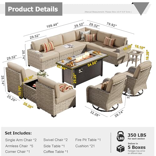 HOOOWOOO Outdoor Sectional Patio Furniture Set with Fire Pit Table,13 Pieces Wicker Conversation Sets L Shaped Couch,Extra Deep Out Door Sofa Outside Furniture with Swivel Rocking Chair,Beige