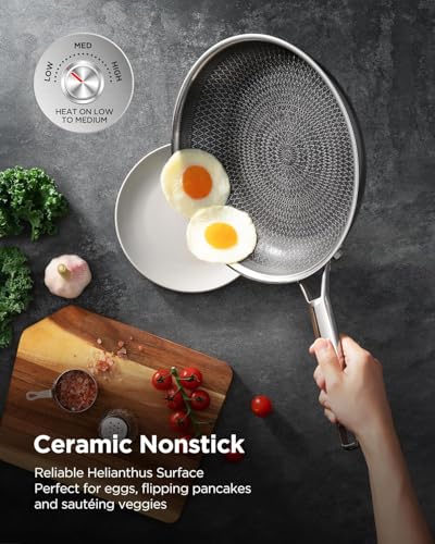 Nonstick Frying Pan Set, Non-Toxic Tri-Ply Hybrid Ceramic Skillet 3 Piece, 8, 10 & 12 Inch Stainless Steel Pans, PFAS/PFOA/PTFE Free, Metal Utensil Safe, Dishwasher & Oven Safe, Upgraded Version