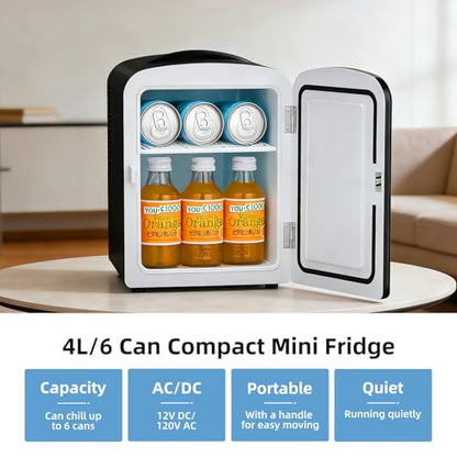 Antarctic Star 4L/6 Can Portable Mini Fridge,Personal Compact Refrigerator,Small Cooler for Food,Drinks or Skin Care, AC/DC for Bedroom, Car, Office & Dorm, Black