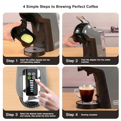 KOTLIE EM-308B Espresso Machine, Single Serve Coffee Maker Compatible with Multiple Capsule Types, Ground Coffee, and ESE Pods. 3 Temperatures, 7 Water Volume Levels, and a 1L Water Tank（Gray）