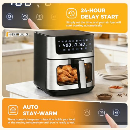 NEWBULIG Air Fryer 6.34QT Airfryer with Visible Window 400℉ Fast Heating Stainless Steel Air Fryers Oven with Nonstick and Dishwasher-Safe Basket 8-in-1 Cooking Preset with Timer Auto-Off