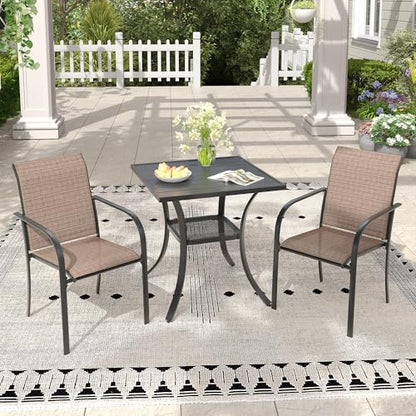 ARKOST 3 Pieces Outdoor Dining Set, Stackable Textilene Paito Chairs & 27.5" Square Dining Table with Shelf, Patio Dining Set for Backyard, Deck, Garden, Brown & Black