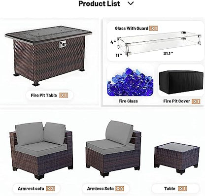 Kullavik 8 Piece Outdoor Wicker Patio Furniture Set with Fire Pit Table