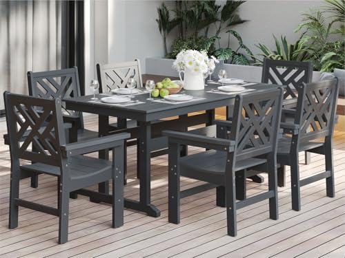 BIVODA 7-Piece Outdoor Dining Set, HDPE All-Weather Patio Table and Chairs Set for 6, Outdoor Patio Furniture Sets with Umbrella Hole for Outside, Deck, Backyard, Garden (Black)