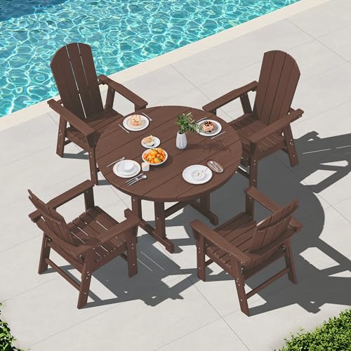 SERWALL 5-Piece Patio Dining Sets, HDPE Outdoor Table and Chairs Furniture Set, 45" Round Dining Table and 4 Adirondack Dining Chair, Coffee