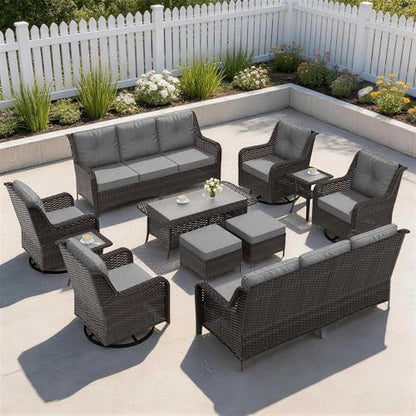 ASJMR 11-Piece Patio Furniture Set, Outdoor Thick Wicker Sectional Sofas with Swivel Chairs, High Back Sectional Couch with Fire Pit Table, Outdoor Conversation Set for Backyard, Porch, Deck, Grey
