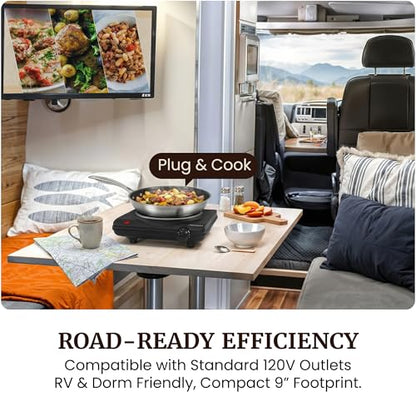 Elite Gourmet Countertop Electric Burner, 1000W Cast Iron Hot Plate, 7 Heat Settings, Portable Cooktop for RV, Dorm, Office & Small Kitchens, Road-Ready & Compact