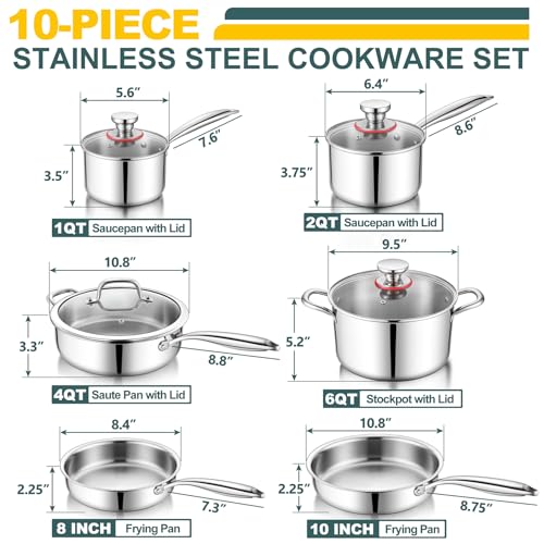 P&P CHEF 3-Ply Stainless Steel Cookware Set of 6, 10-Pieces Pots and Pans Sets Stainless Steel for Kitchen, Induction Multi Cooktops & Oven, Dishwasher Safe, Frying Pans, Saucepans, Saute Pan & Pot