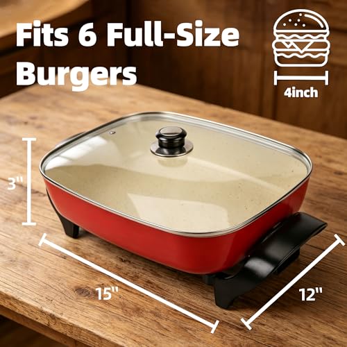 I-Keukenn 15'' Ceramic Nonstick Electric Skillet with Tempered Vented Glass Lid,Thermostat Control to Prevent Overheating,Removable Easy-to-Clean,Vibrant Red