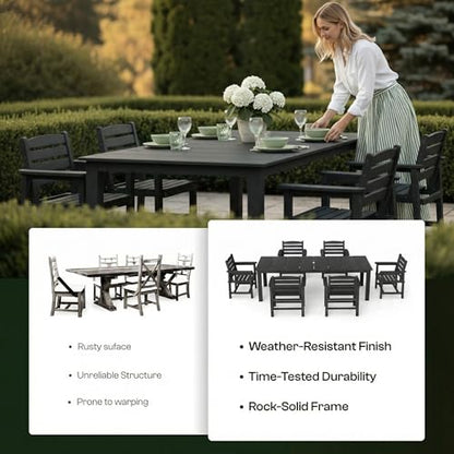 Patio Kingdom 9-Piece Outdoor Dining Set for 8, 75.2" HDPE Table with Umbrella Hole & 8 Chairs, All-Weather Patio Furniture for Lawn, Yard, Deck, or Poolside, Fade & Crack Resistant (Black)