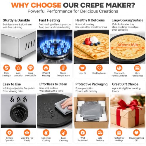 Commercial Crepe Maker 16 Inch, Gas Pancake Machine 2800Pa Tabletop Crepe Griddle with 5.91 ft Gas Hose for Restaurant, Food Truck, Snack Bar