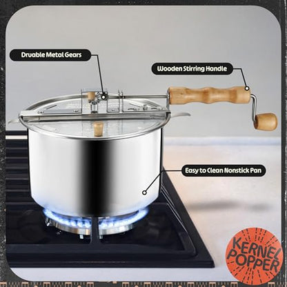 Stovetop Popcorn Maker - 6-Quart Aluminum Popcorn Popper with Hand Crank, Vented Lid, and Stir Paddle by Great Northern Popcorn (Silver)