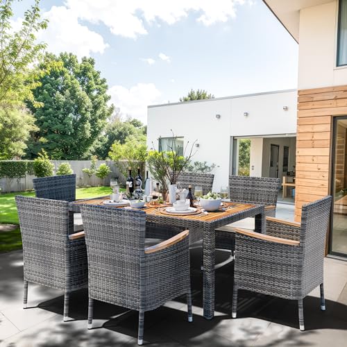Shintenchi 7 Piece Patio Dining Set, Wicker Patio Conversation Set with Wooden Table Top, Outdoor Table and Chairs with Soft Cushions for Backyard, Deck and Garden, Grey Wicker