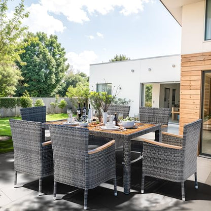 Shintenchi 7 Piece Patio Dining Set, Wicker Patio Conversation Set with Wooden Table Top, Outdoor Table and Chairs with Soft Cushions for Backyard, Deck and Garden, Grey Wicker