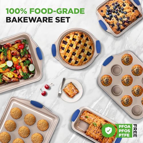 NutriChef 8-Piece Nonstick Bakeware Set - Heavy Duty Carbon Steel Baking Pans w/ Blue Silicone Handles - Pizza Crisper, Muffin & Loaf Pan, Round & Square Pans, Cookie Sheet - Champagne Gold