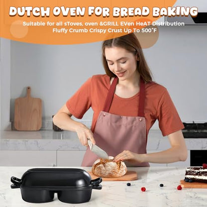 Mini Double Dutch Oven for Sourdough Bread Baking, Enamelled Cast Iron Bread Pan with Lid, Double Round Loaf Space, 16.5cm Diameter, Mini Double Dutch Oven for Homemade Baking (Black)