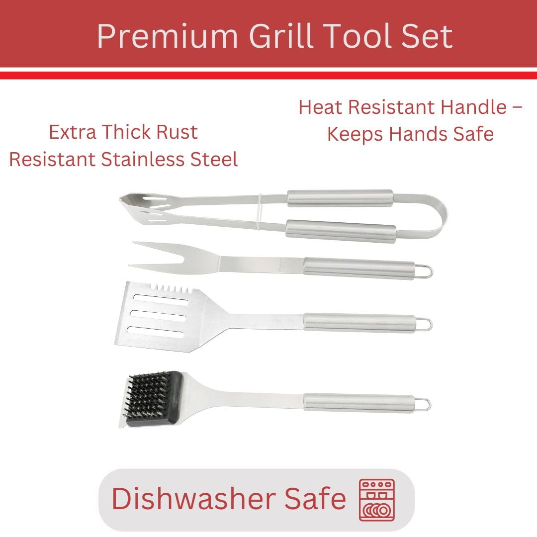 Stainless Steel BBQ Grill Tool Set - Barbecue Accessories & Utensils Sets - 4 Piece Spatula, Tongs, Cleaning Brush, Fork 13"/13.5"- Barbeque Tools Kit - Gift for Grilling Lover Men Outdoor & Kitchen