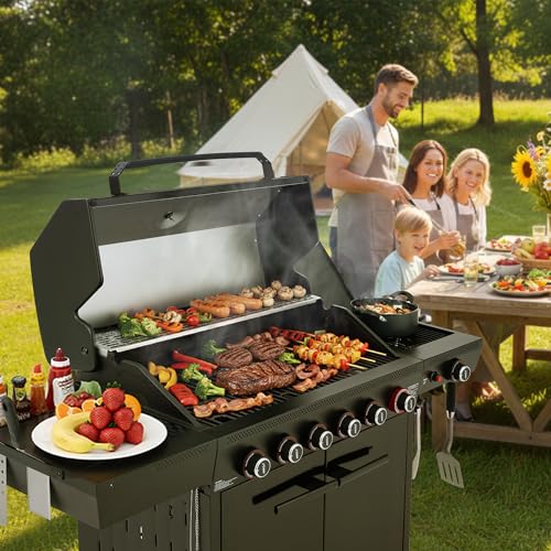 Royal Gourmet GE6001H 6-Burner Gas Grill, 72,000 BTU, 691 Sq. In. Cooking Area, with Sear and Side Burner, Side Shelf with hooks, spice basket, Movable Cabinet Style Grill for Outdoor Grilling, Black