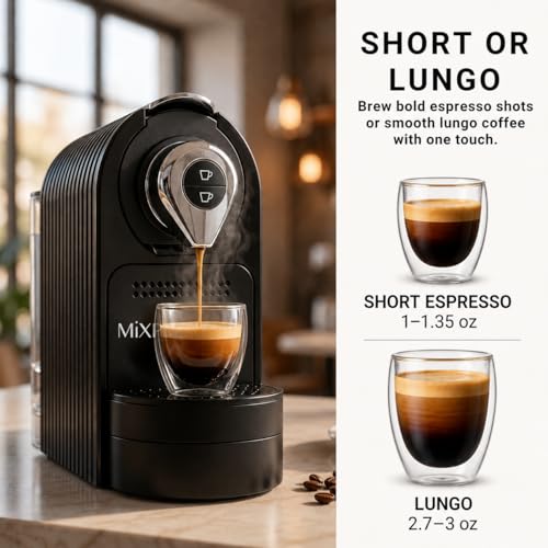 Mixpresso Black Espresso Coffee Machine – Compact 1400W Single Serve Coffee Maker Compatible with Nespresso OriginalLine Capsules, One-Touch Operation, 19-Bar Italian Pump, 27oz Water Tank