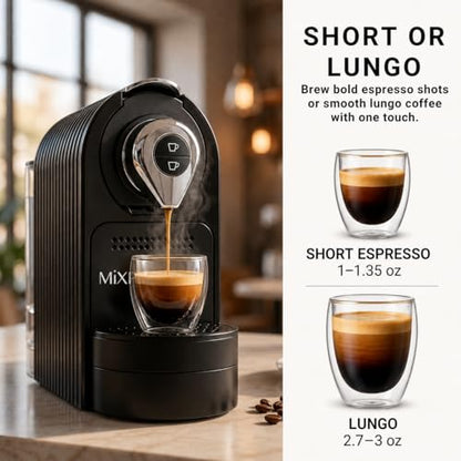 Mixpresso Black Espresso Coffee Machine – Compact 1400W Single Serve Coffee Maker Compatible with Nespresso OriginalLine Capsules, One-Touch Operation, 19-Bar Italian Pump, 27oz Water Tank