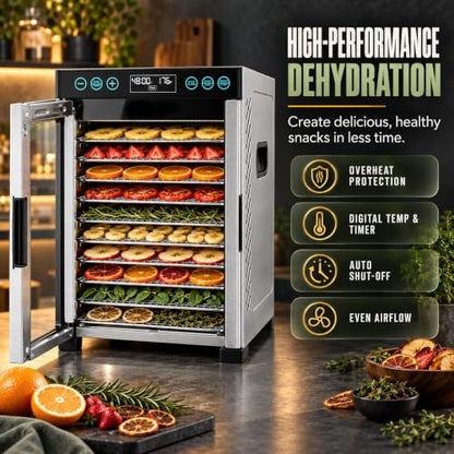 AOHGOA 10-Tray Food Dehydrator, Stainless Steel, Rear Fan, Digital Control