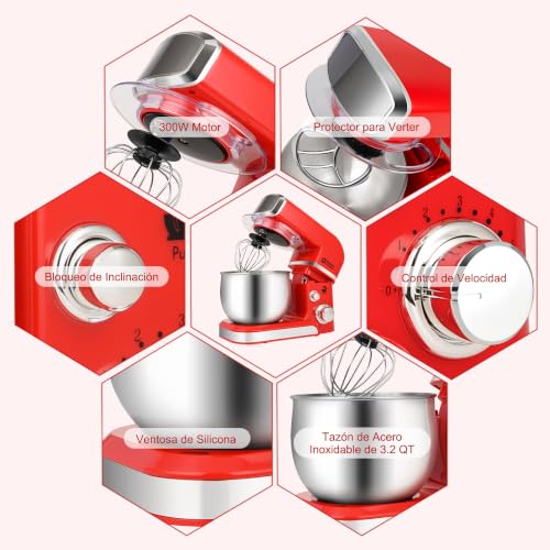 Stand Mixer, Kitchen in the box 3.2Qt Small Electric Food Mixer,6 Speeds Portable Lightweight Kitchen Mixer for Daily Use with Egg Whisk,Dough Hook,Flat Beater (Red)
