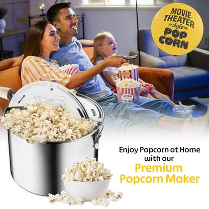 Stovetop Popcorn Maker - 6.5-Quart Stainless-Steel Popcorn Popper with a Hand Crank, Vented Lid, and Stir Paddle by Great Northern Popcorn (Silver)