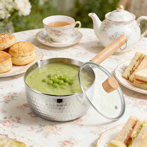 2 Quart Sauce Pan with Lid, Stainless Steel Saucepan with Dual Pour Spouts, Small Sauce Pot with Cool-Touch Wood Handle