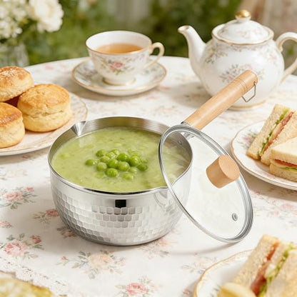 2 Quart Sauce Pan with Lid, Stainless Steel Saucepan with Dual Pour Spouts, Small Sauce Pot with Cool-Touch Wood Handle