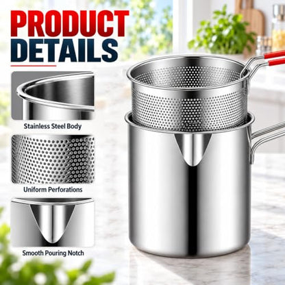 Stainless Steel Mini Fryer, Portable Fryer,Deep Stainless Steel Fryer,Includes Stainless Steels Pot,Removable Strainer Basket And Clips,Suitable For Frying French Fries,Chicken,Bacon