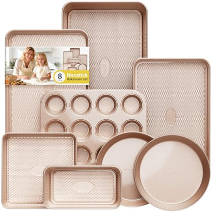 Slow Slog Baking Pans Set 8-Piece Bakeware Sets, Baking Sets for Cooking Nonstick Oven Pan Set, Baking Sheet Set, Cookie Sheets for Baking, Muffin Pan, Cookie Sheets (Ceramic Coated Gold)