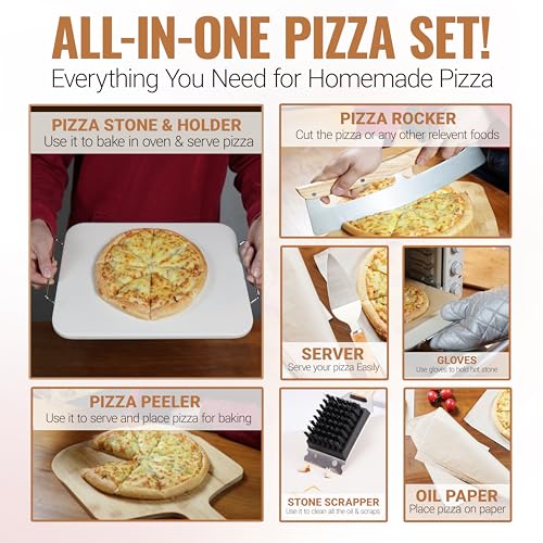 ZONZEST 8 PCS Pizza Stone Set, Extra Large 15×12 Inch Pizza Stone for Grill, Rectangle Baking Sone With Pizza Kit for Pizza, Bread, BBQ Grilling, Pizza Peel Set
