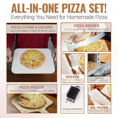 ZONZEST 8 PCS Pizza Stone Set, Extra Large 15×12 Inch Pizza Stone for Grill, Rectangle Baking Sone With Pizza Kit for Pizza, Bread, BBQ Grilling, Pizza Peel Set