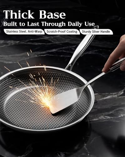 XBM Nonstick Frying Pan with Lid 12-Inch, Durable Stainless Steel Skillet, Induction Cooktop Compatible, PFOA-Free Scratch-Proof, Dishwasher & Oven Safe, Stay-Cool Handle, Silver Kitchen Cookware