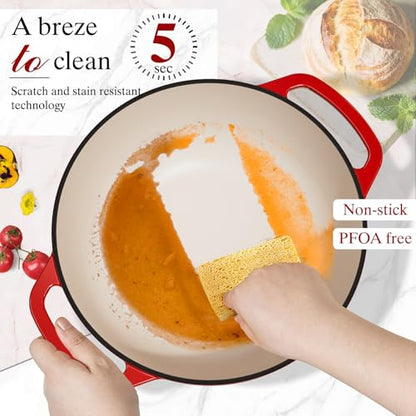Umite Chef 6QT Enameled Cast Iron Dutch Oven with Lid, Versatile Heavy-Duty Cookware Pot for Baking Bread, Braising, Soups & Stews, Oven & Stovetop Safe with Heat Resistant Gloves（Red）