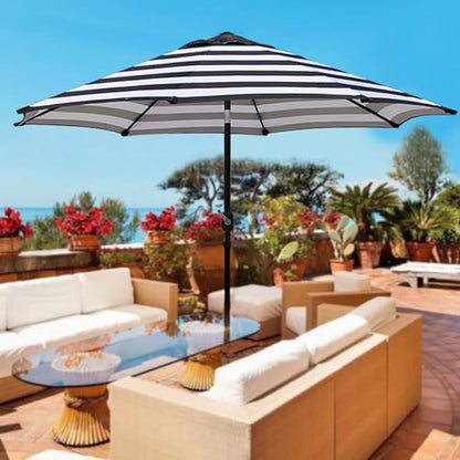 Blissun 9' Outdoor Patio Umbrella, Striped Patio Umbrella, Outdoor Table Umbrella, Market Umbrella with 8 Sturdy Ribs, Push Button Tilt and Crank (Black & White Stripe)