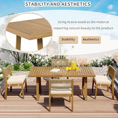 HZSSDTKJ 5-Piece Patio Furniture Dining Set, Multi-Person Outdoor Acacia Wood Dining Table Set with 4 Chair with Thick Cushions, Elegant Conversation Set for Balcony, Vourtyard and Garden (Beige-01)