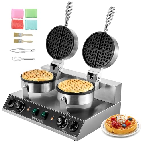VEVOR Commercial Waffle Maker, Dual-Head Round Waffle Baker Machine, 2460W Non-Stick Stainless Steel Belgian Waffle Iron with Temp and Time Control, Handle, for Restaurant Bakery Snack Bar Family
