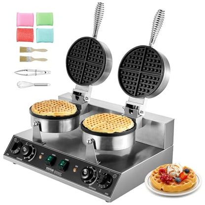 VEVOR Commercial Waffle Maker, Dual-Head Round Waffle Baker Machine, 2460W Non-Stick Stainless Steel Belgian Waffle Iron with Temp and Time Control, Handle, for Restaurant Bakery Snack Bar Family