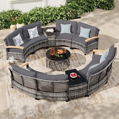 MEISSALIVVE 11-Piece Half-Moon Curved Outdoor Patio Furniture Set, Sectional Conversation Sofa with Wood Armrests, Coffee & Side Tables for Backyard Deck Garden, Grey