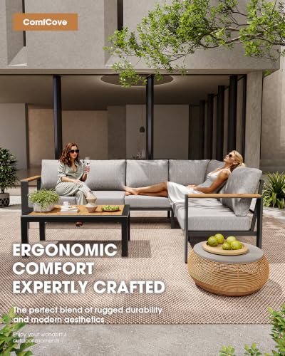 ComfCove Outdoor Aluminum Patio Furniture Set 11 Seats, Patio Sectional Corner Couch Set with Washable Thick Cushions & Coffee Table, Patio Conversation Sets for Porch, Backyard, Garden, Deck, Gray