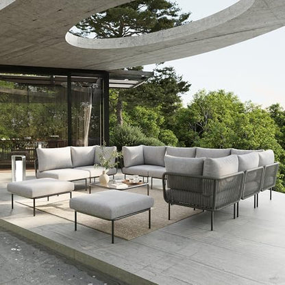 Vakollia 11 Piece Modern Outdoor Rope Wicker Sectional Set, Patio L-Shaped Conversation Sofa Set with Deep Seating with Thick Cushions