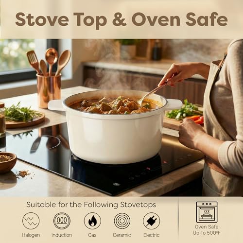 Gotham Steel 5 Qt Dutch Oven Pot with Lid, Nonstick Ceramic Dutch Oven Stock Pot, 10 in 1 Cooking Pot & Dutch Oven for Bread Baking, Lightweight Oven & Dishwasher Safe – Cream