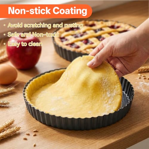 2 PCS 9.5 Inch Tart Pan 2.2 Inch Deep, Tart Pan Removable Bottom Carbon Steel Pie Pans Non-Stick Carbon Steel Pie Pans Non-Stick Round QuichePans Baking Dish with Fluted Edges Fruit Tarts Mold