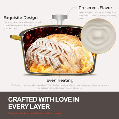 Overmont Enameled Cast Iron Dutch Oven - Heart-Shaped Pot with Lid Cookbook & Cotton Pot Holders - Mini Cookware Oven Safe to 500°F for Sourdough Baking Soups Stews - Great Gift for Wedding Birthday Housewarming 2QT Yellow