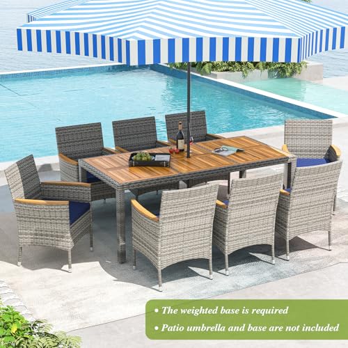 Tangkula 9 Pieces Rattan Outdoor Dining Set for 8, Outdoor Acacia Wood Table Set with 8 Cushioned Wicker Chairs, Umbrella Hole, Patio Dining Furniture Set for Deck Pool Backyard